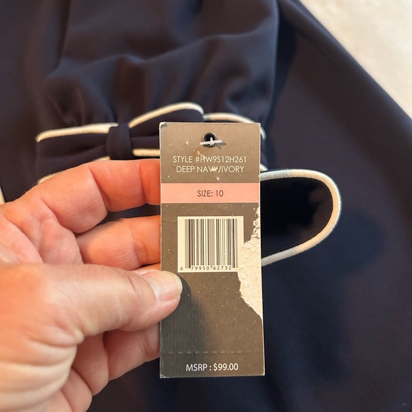 Sharagano Navy Blue Midi Dress with White Accents - Picture 4 of 10